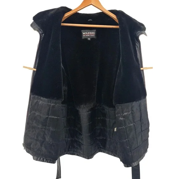 Wilsons Leather Womens Black Jacket‎ Faux Fur Collar Lining Belted Trench Coat M - Picture 3 of 12